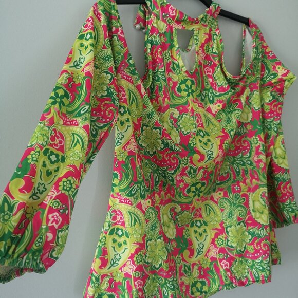 Green Pink Paisley Off The Shoulder Halter Blouse Top - Picture 5 of 7